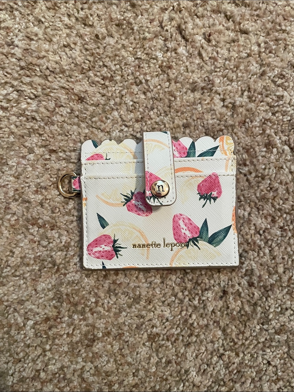 Nanette Lepore Cream Card Holder with Pink Strawberry Print